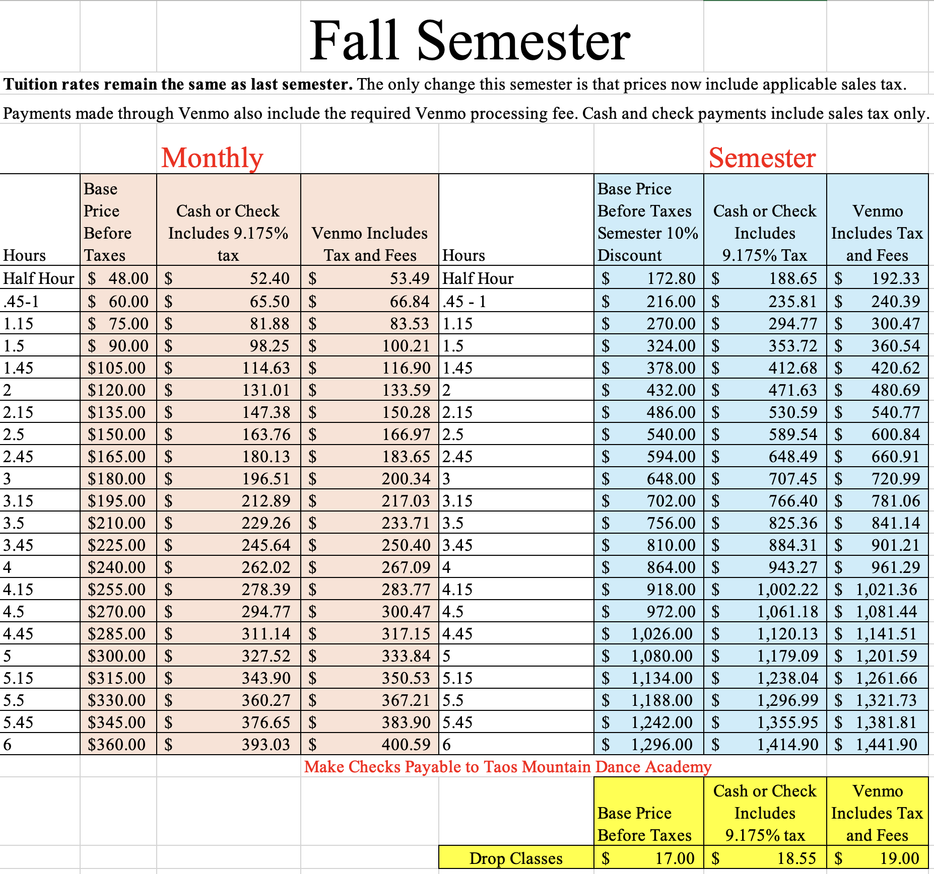 A chart displaying tuition rates for a fall semester at Taos Mountain Dance Academy, including monthly and semester payment options, with details on base prices, taxes, fees, and discounts.