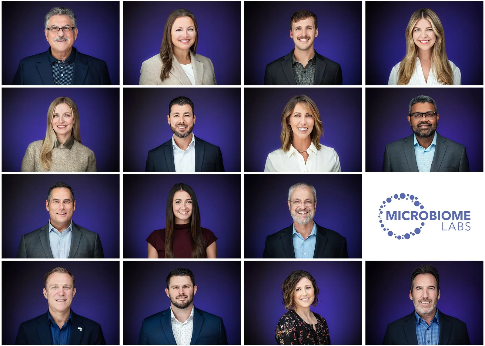 Collage of professional headshots of diverse individuals, with a logo that reads 'Microbiome Labs' in the bottom right corner.