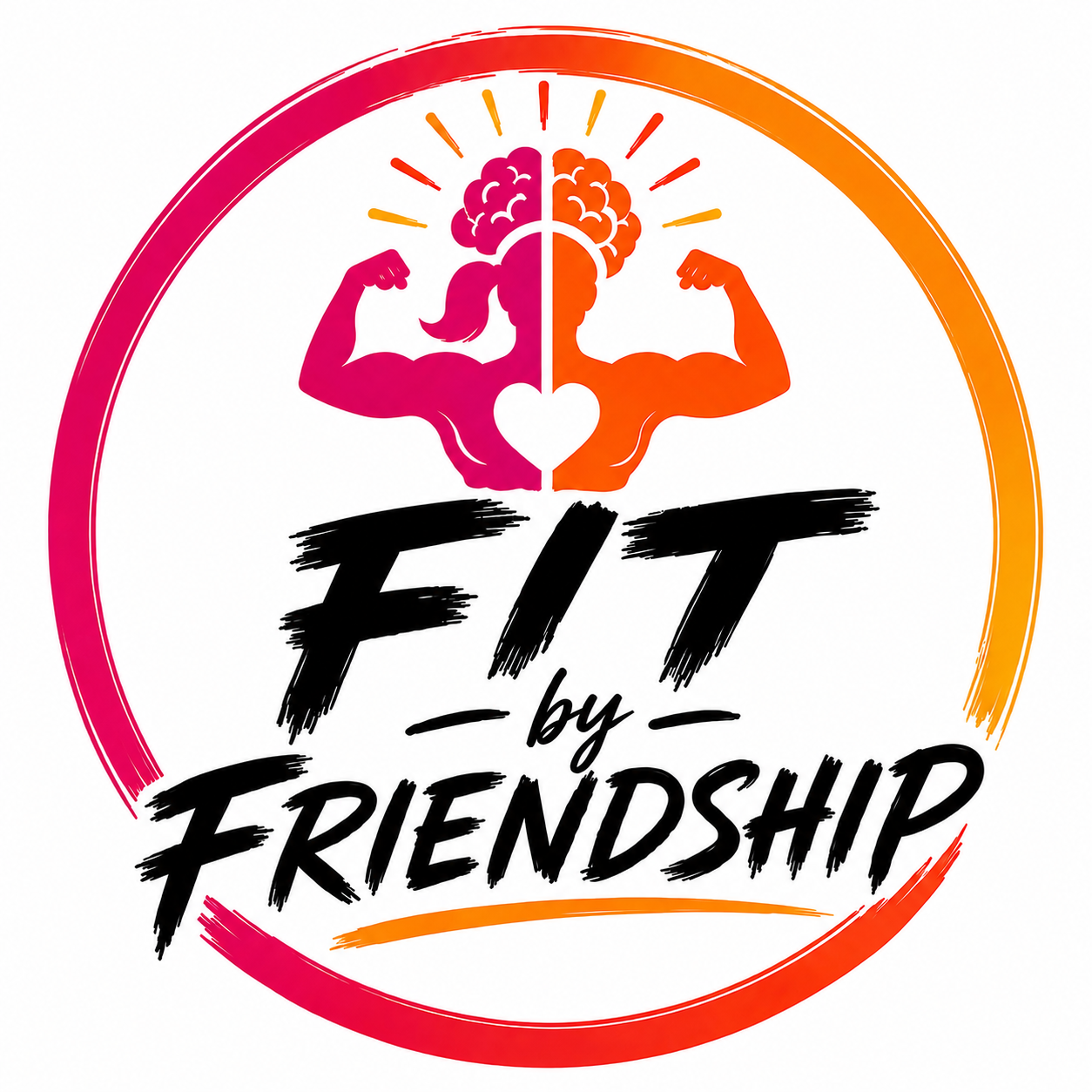 Colorful fitness logo featuring a split male and female figure with brains and flexed muscles above the text “FIT by FRIENDSHIP”