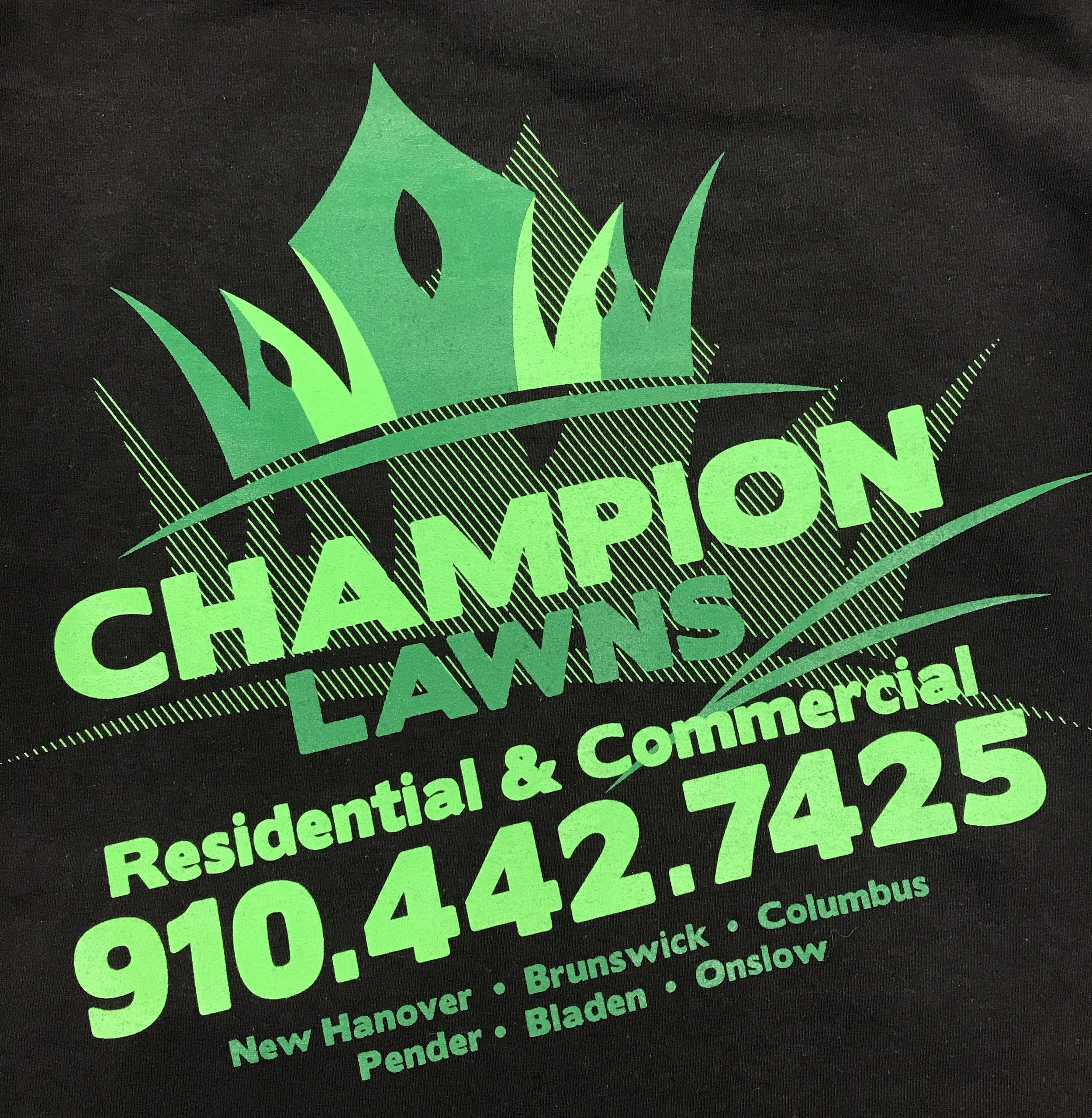 Close-up of a black background with bright green text and graphics about a landscaping company in Wilmington, NC.