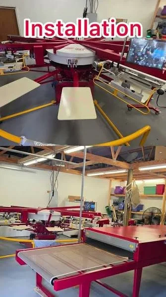 A large commercial screen printing press with high production capability and conveyor dryer.