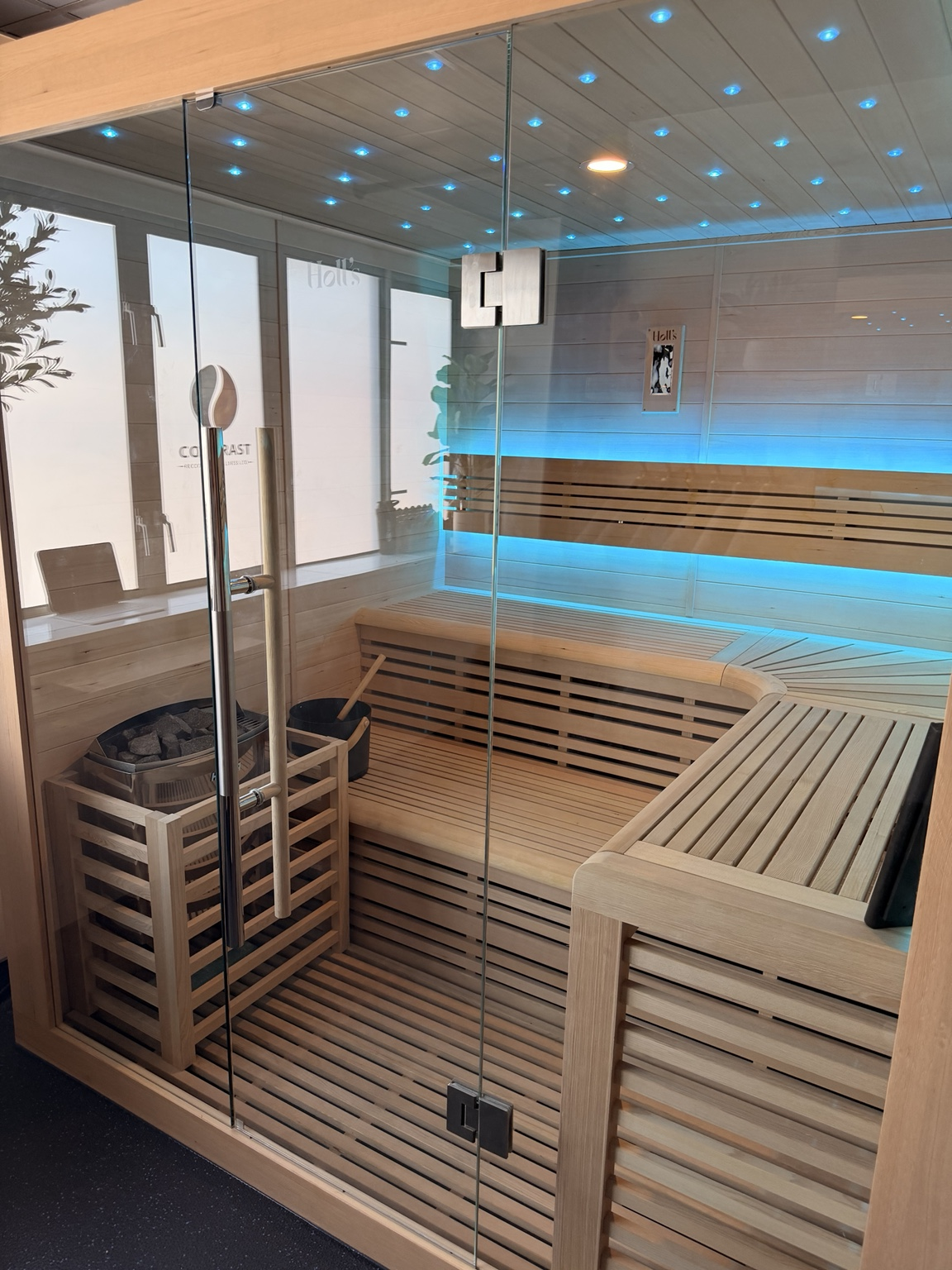 Commercial Finnish sauna with LED lighting at Contrast Recovery, Winchester.