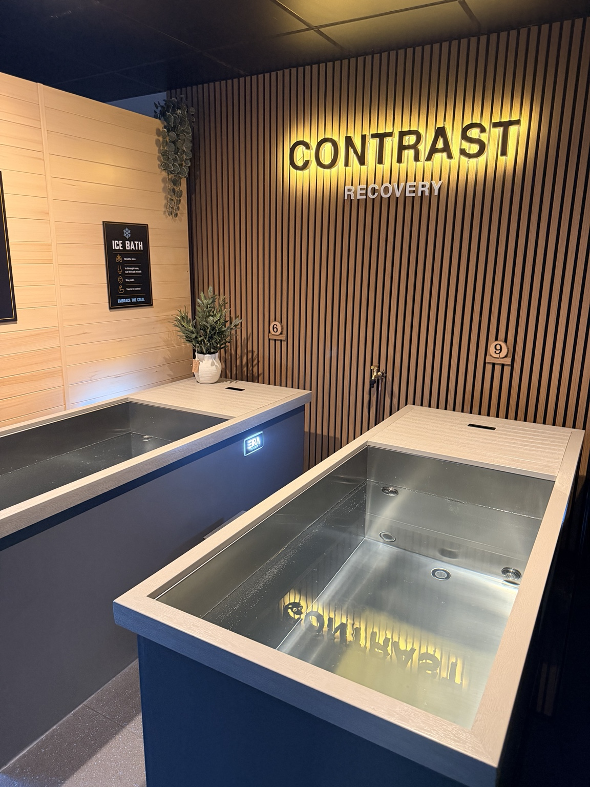 Commercial cold plunge pools at Contrast Recovery wellness studio, Winchester.