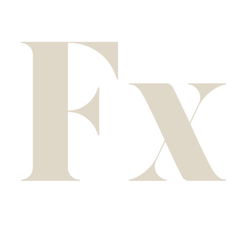 The image features a large, beige-colored "Fx" logo on a black background.
