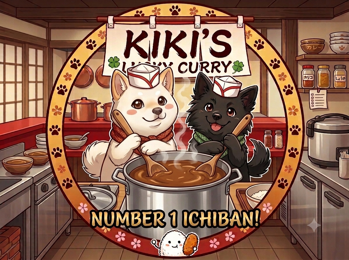 Cartoon image of two dogs making curry in a kitchen, wearing chef hats, with a sign above that reads 'Kiki's Lucky Curry' and a banner at the bottom saying 'Number 1 Ichiban'. One dog is white with a cream scarf, the other black with a green scarf, both stirring a large pot of curry. The kitchen has shelves with spices and bowls.