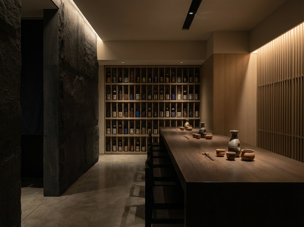 A minimalist dining or tasting room with a long wooden table set with pottery and chopsticks, a wall of sake bottles in wooden compartments, and a textured stone wall on the left.