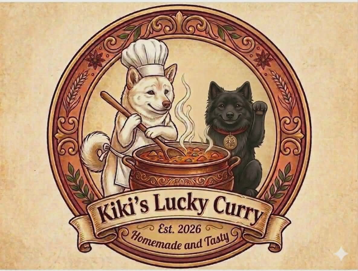 An illustrated logo for Kiki's Lucky Curry featuring a smiling dog wearing a chef's hat and apron, stirring a pot of curry, alongside a happy black dog with a pendant. The logo has ornate borders and a ribbon with the text "Kiki's Lucky Curry" and "Est. 2026 Homemade and Tasty."