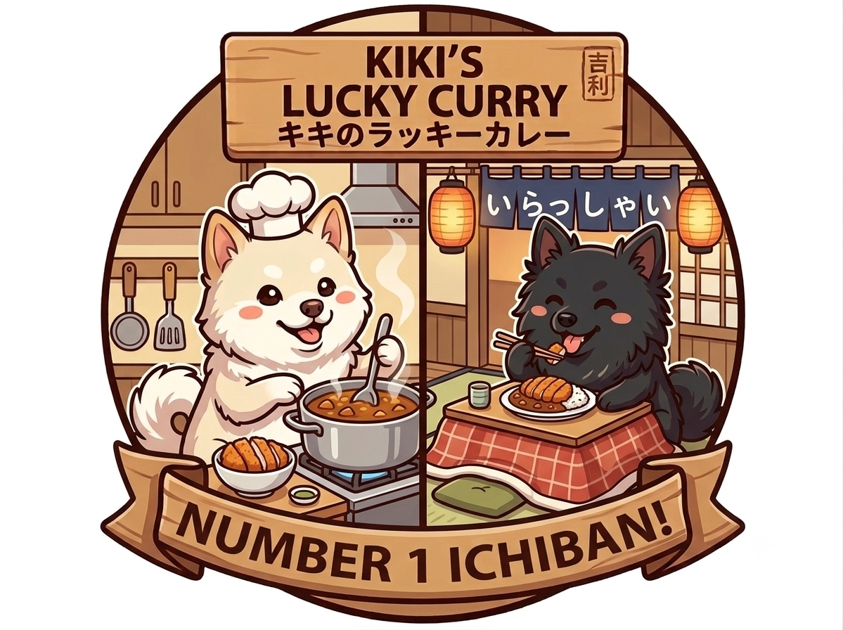 A cute cartoon image of two dogs in a split scene. The dog on the left is a white fluffy dog wearing a chef hat, cooking curry on a stove. The dog on the right is a black fluffy dog, sitting at a table eating curry with chopsticks. The scene has Japanese cultural elements like lanterns and a noren curtain. A banner at the bottom reads 'Number 1 Ichiban!'