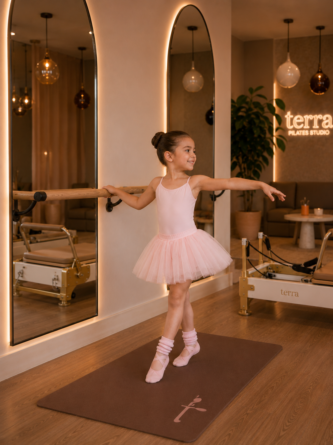 Niña bailando en estudio de pilates con espejo y decoraciones modernas.