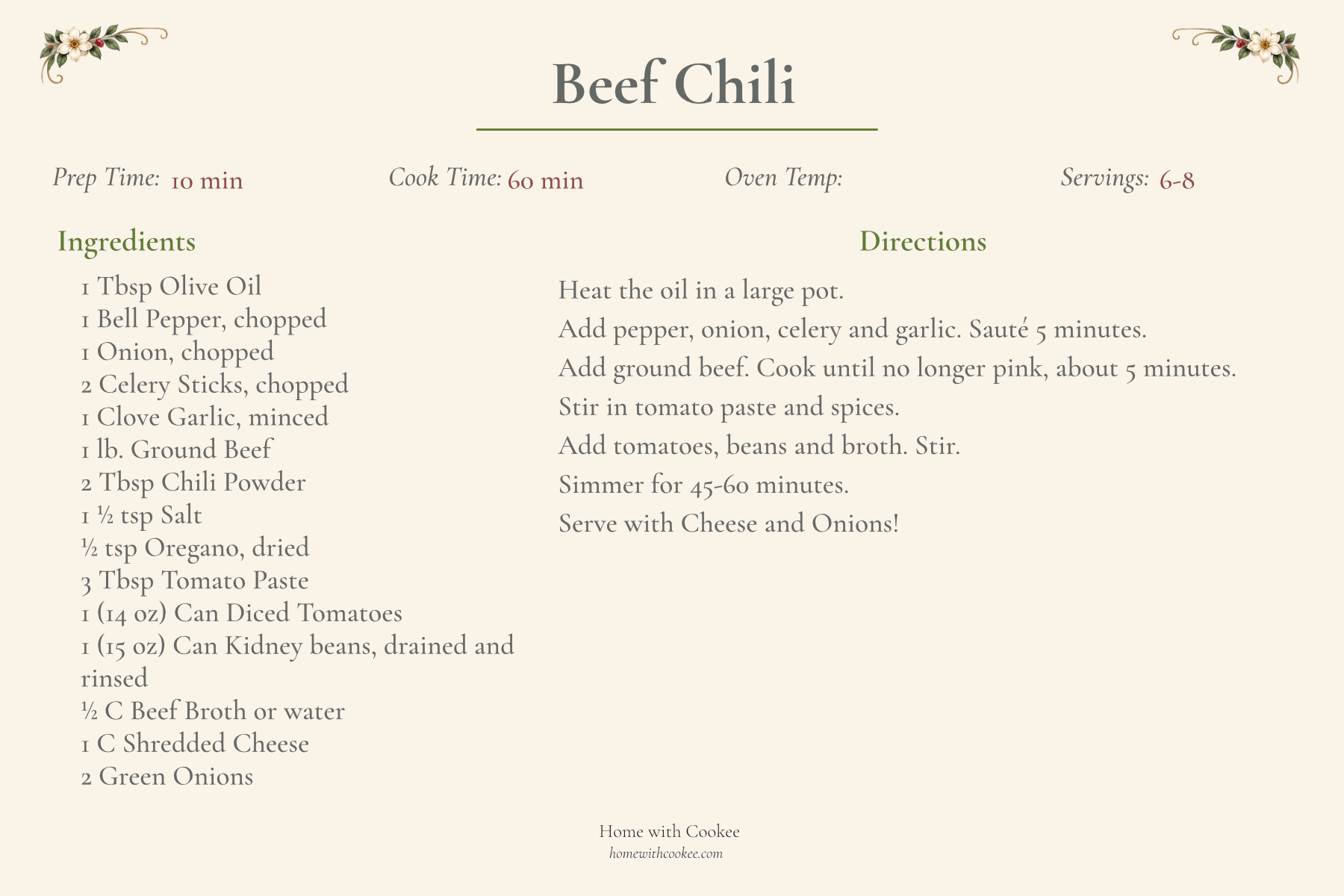 Printable Beef Chili recipe card from Home with Cookee