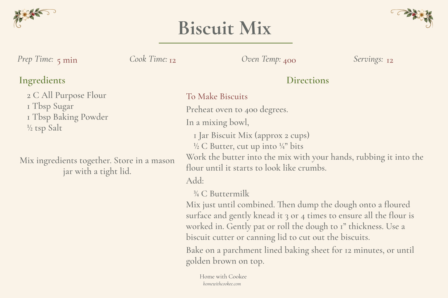 Printable Biscuit Mix recipe card from Home with Cookee