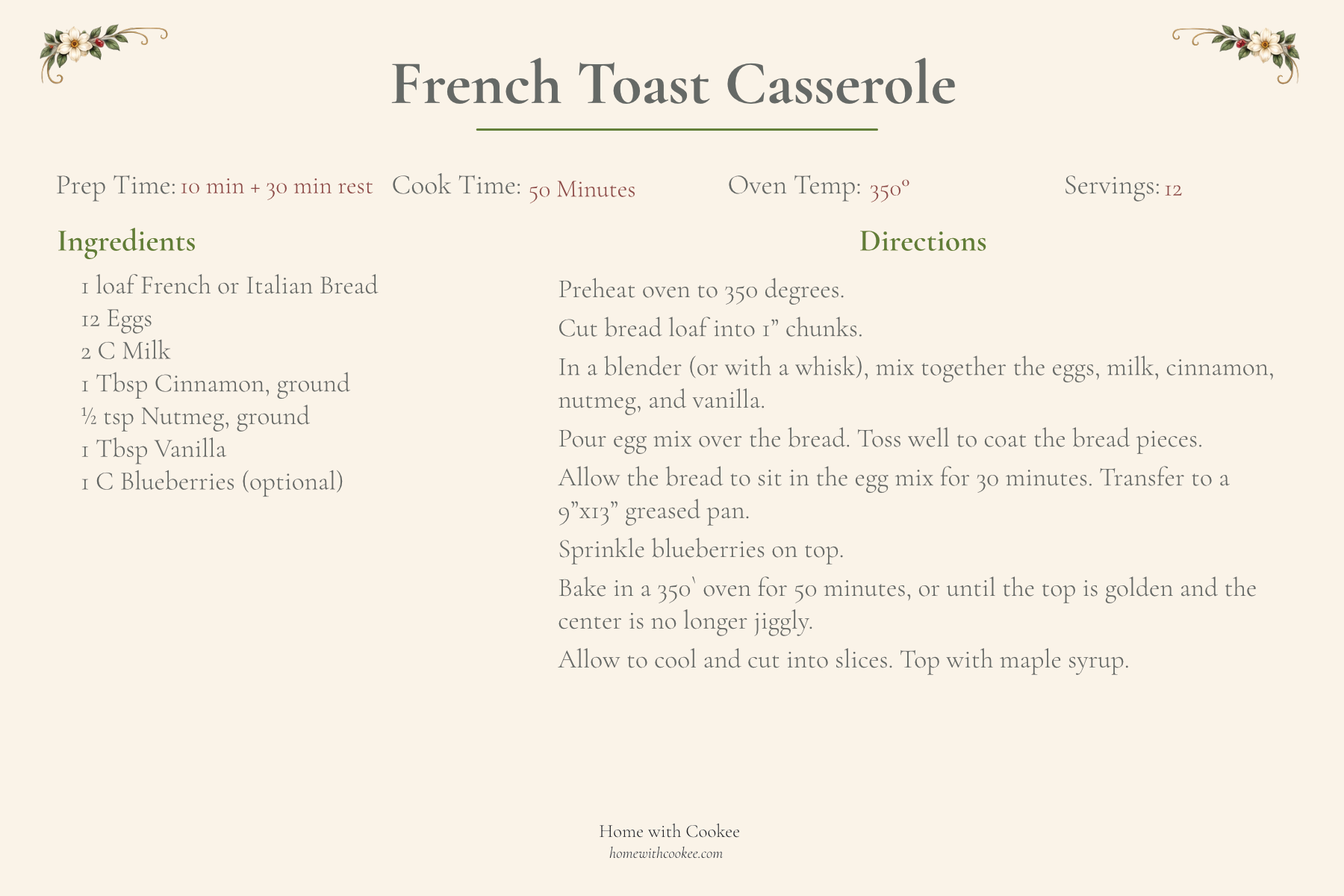 French Toast Casserole recipe with ingredients, directions, prep time, cook time, oven temperature, and servings.