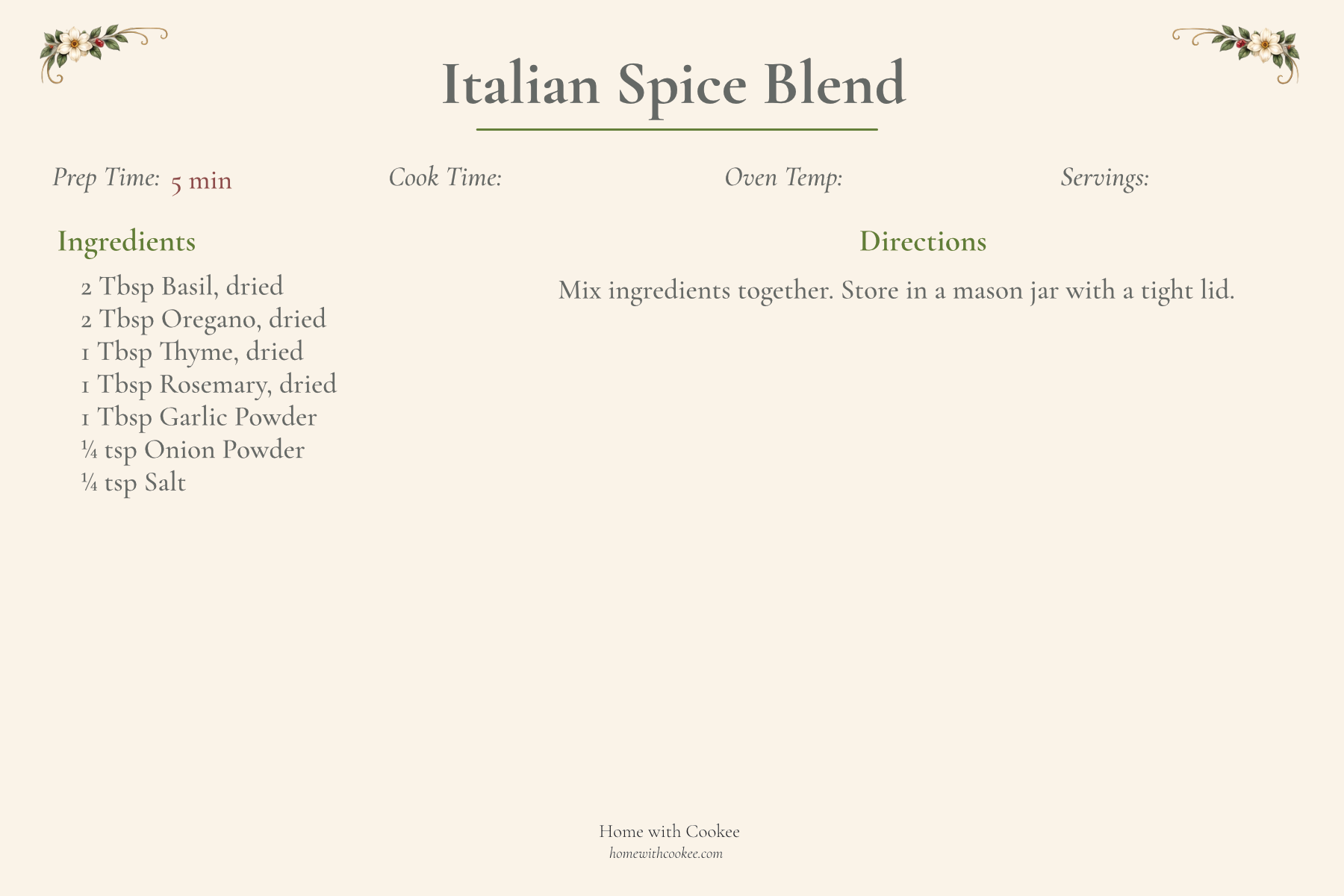 Printable DIY Italian Spice Blend recipe card from Home with Cookee