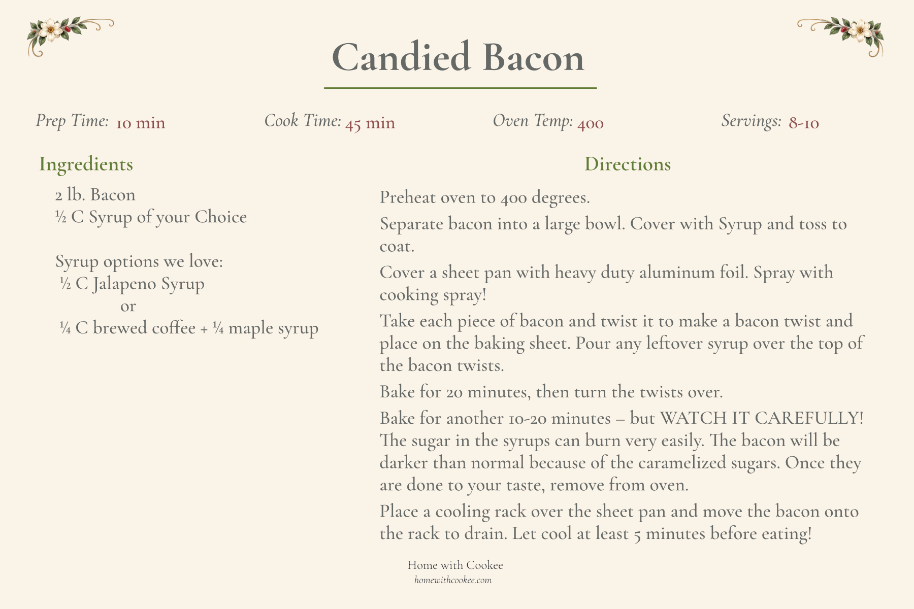Printable Candied Bacon recipe card from Home with Cookee