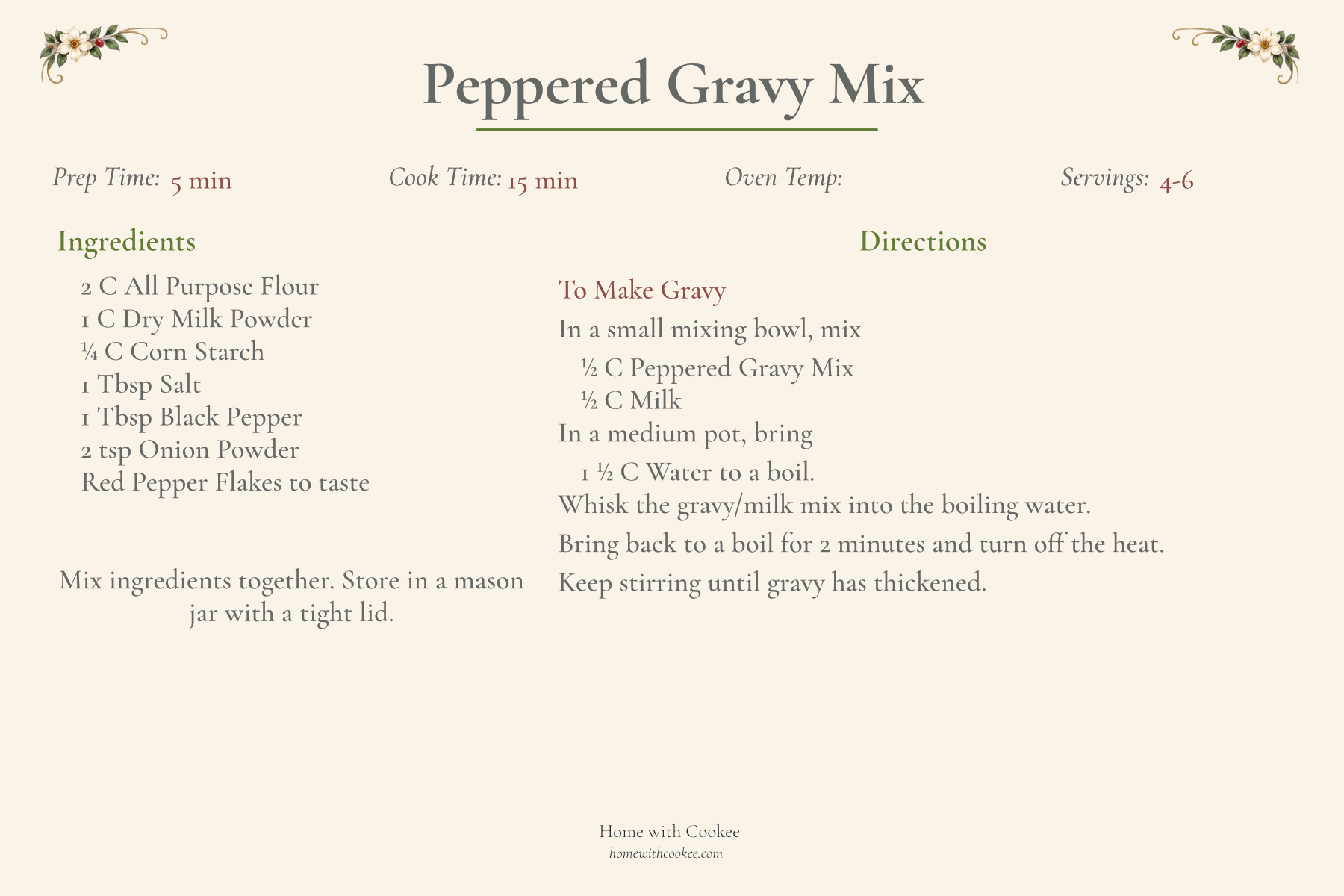 Printable Peppered Gravy Mix recipe card from Home with Cookee