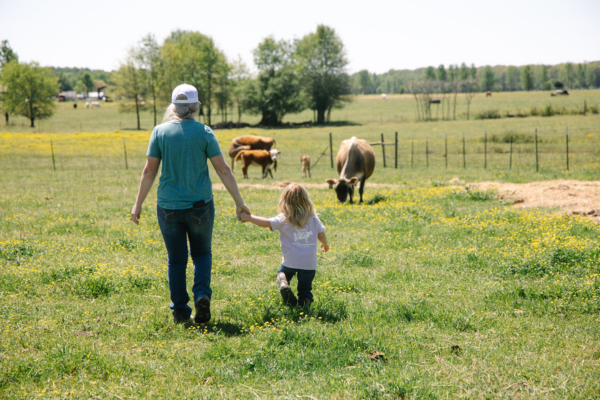 Mom and daughter holding hands walking in pasture with cattle in background