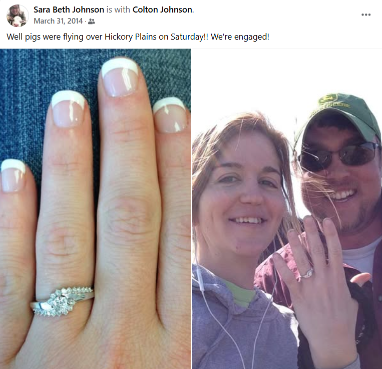 Screenshot of a Facebook post of an engagement photo with the caption "Well pigs were flying over Hickory Plains Saturday! We're engaged!"