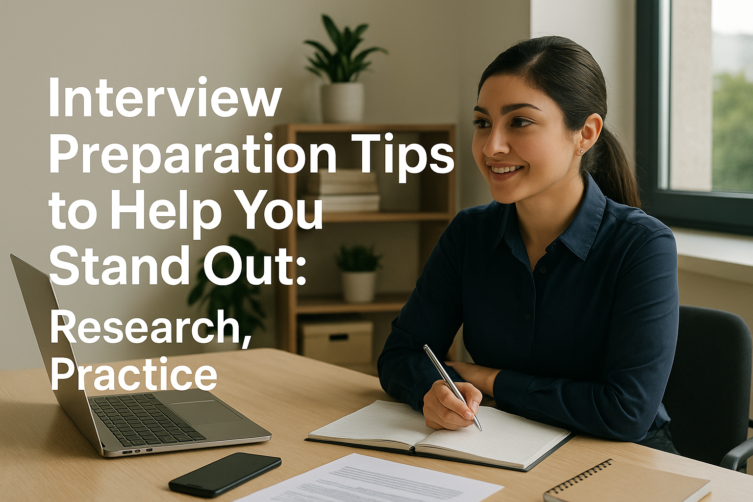 A woman at a desk with a laptop, notebook, and phone, smiling during an interview preparation session, with text overlay reading 'Interview Preparation Tips to Help You Stand Out: Research, Practice'.