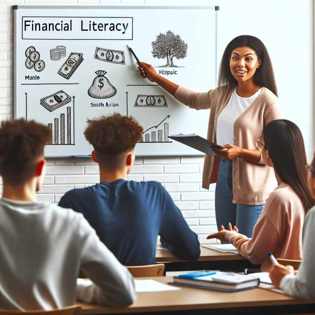 A classroom scene with a female teacher teaching a lesson on financial literacy to three students seated at desks. The teacher is pointing to a whiteboard with drawings of money, a tree labeled 'Hispanic,' and a graph, with the words 'Financial Literacy' at the top.