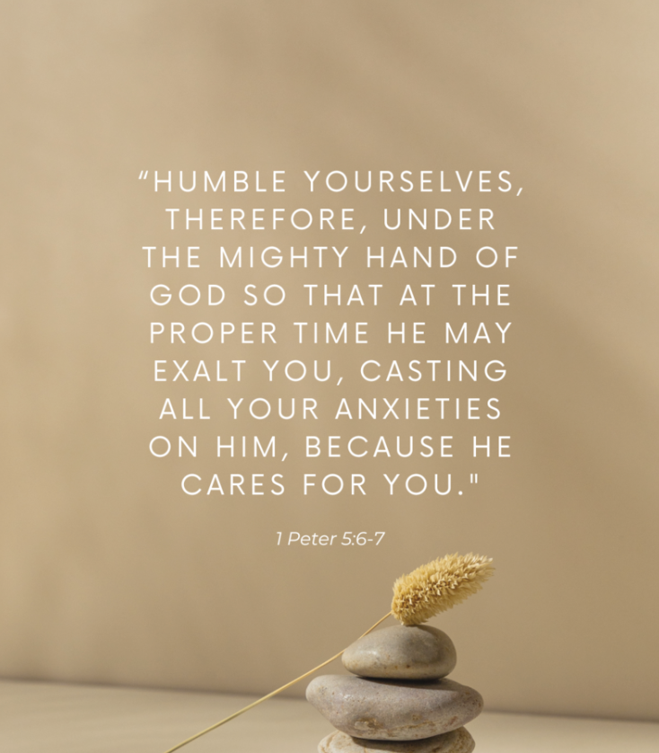 Bible verse from 1 Peter 5:6-7 on a beige background with a stack of three smooth stones and a sprig of grass