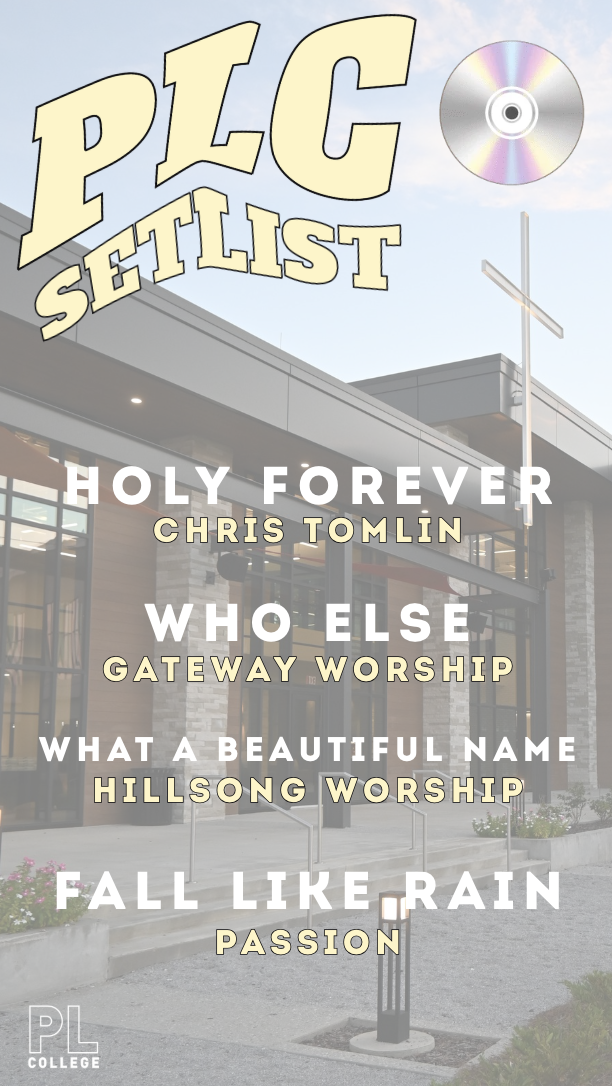 A promotional poster for a project called PIEC Setlist features song titles and artist names over a background image of a church building with a modern exterior and a large sign that reads 'PIEC Setlist.' The visible song titles include 'Holy Forever,' 'Who Else,' 'What a Beautiful Name,' and 'Fall Like Rain,' with the respective artists Chris Tomlin, Gateway Worship, Hillsong Worship, and Passion.
