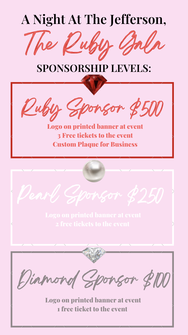 Event sponsorship levels for a charity gala named 'A Night At The Jefferson, The Ruby Gala,' including Ruby Sponsor, Pearl Sponsor, and Diamond Sponsor with respective benefits and sponsorship amounts.