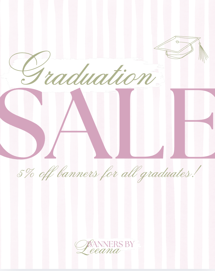 A graduation sale poster offering 5% off banners for grads, with pastel pink and green colors, striped background, and graduation cap illustration.