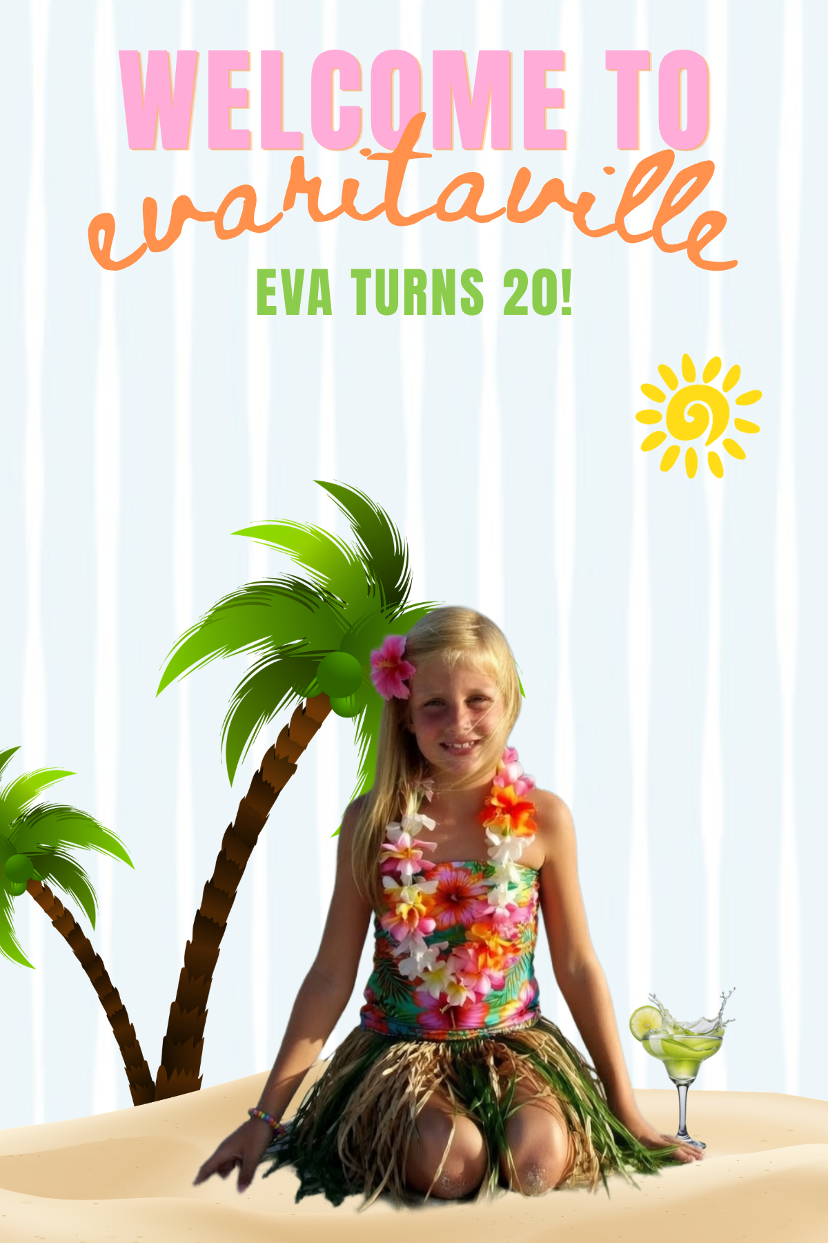 A young girl dressed in a tropical outfit, sitting on a sandy beach with palm trees, a yellow sun, and a drink with lime in a cocktail glass in the background. The image is decorated with summer-themed text and graphics.