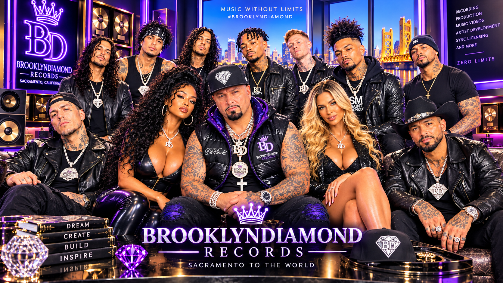 BrooklynDiamond Records group portrait featuring men and women in black leather outfits in a purple-and-gold lounge with a city skyline backdrop.