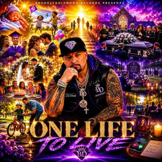 One Life to Live cover art featuring a tattooed man surrounded by scenes of family, childhood, a wedding, and a funeral in purple and gold tones.