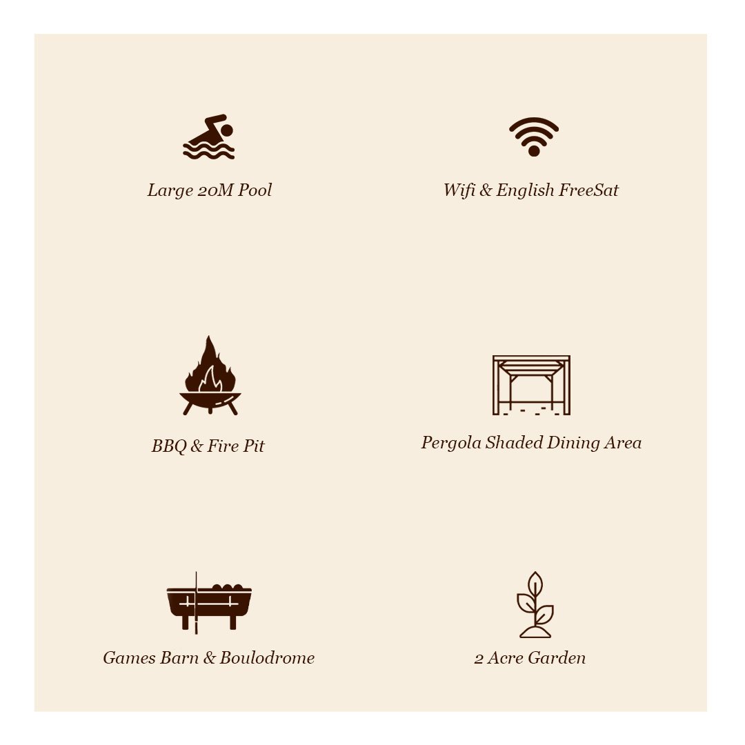 Icons and text describing amenities: swimming pool, Wi-Fi and free Sat, fire pit and BBQ, shaded dining area, games barn with bouldrome, and two-acre garden.