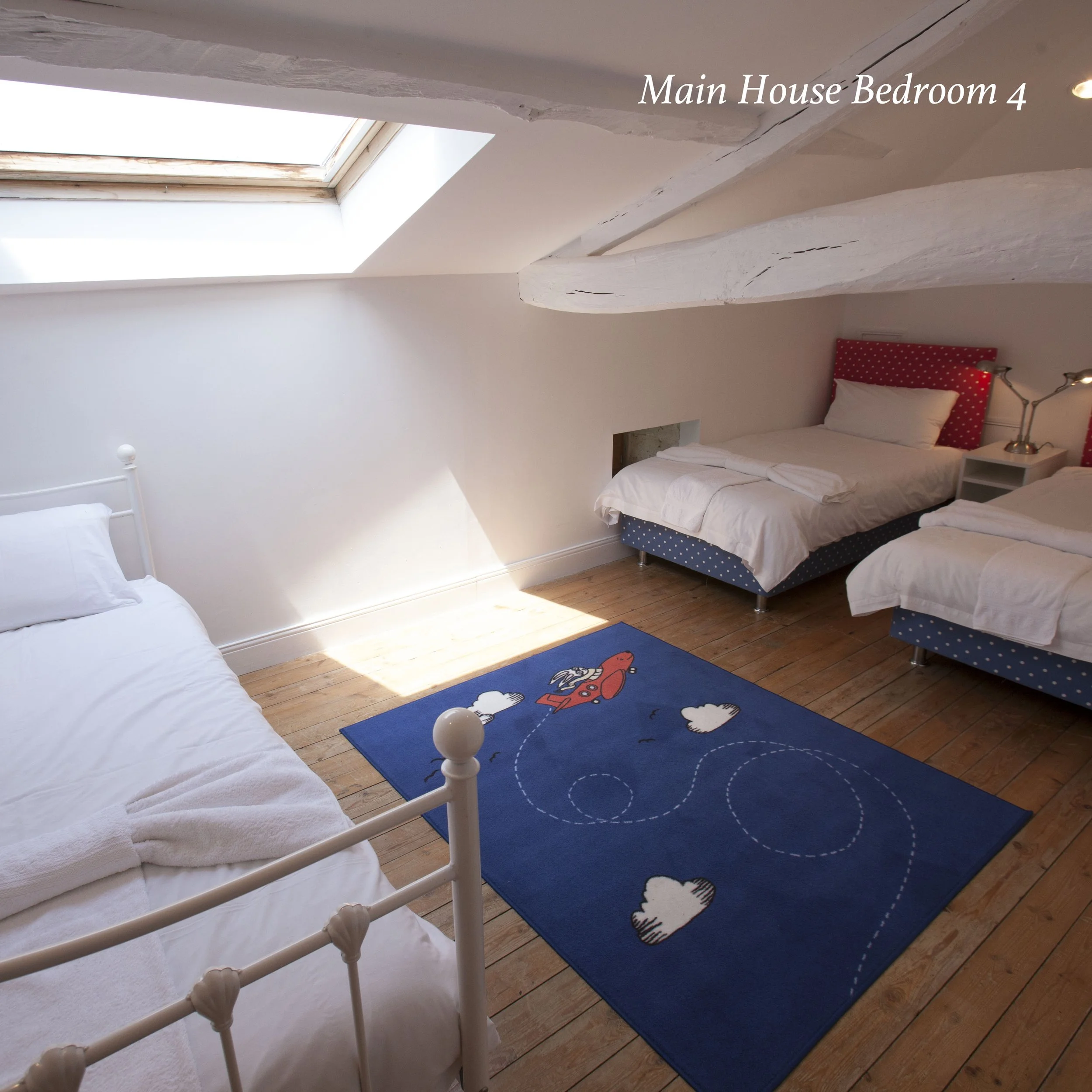A cozy bedroom with a sloped ceiling featuring a skylight window. The room contains two single beds with white bedding, a colorful cartoon-themed rug, and a small bedside table with a lamp. The walls are painted white, and the floor is wooden.