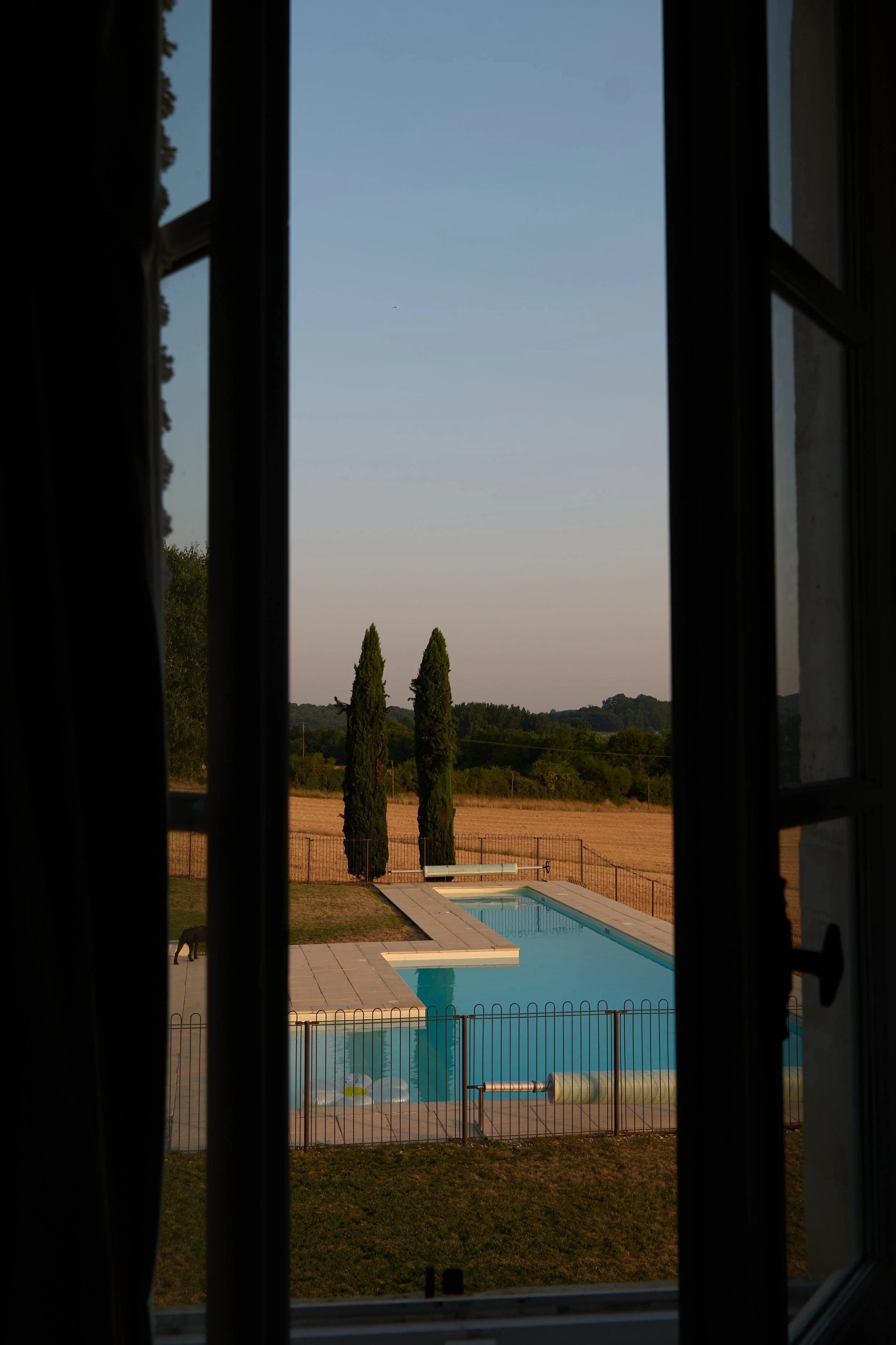 View of a backyard with a swimming pool, trees, open fields, and distant hills, seen through a window.