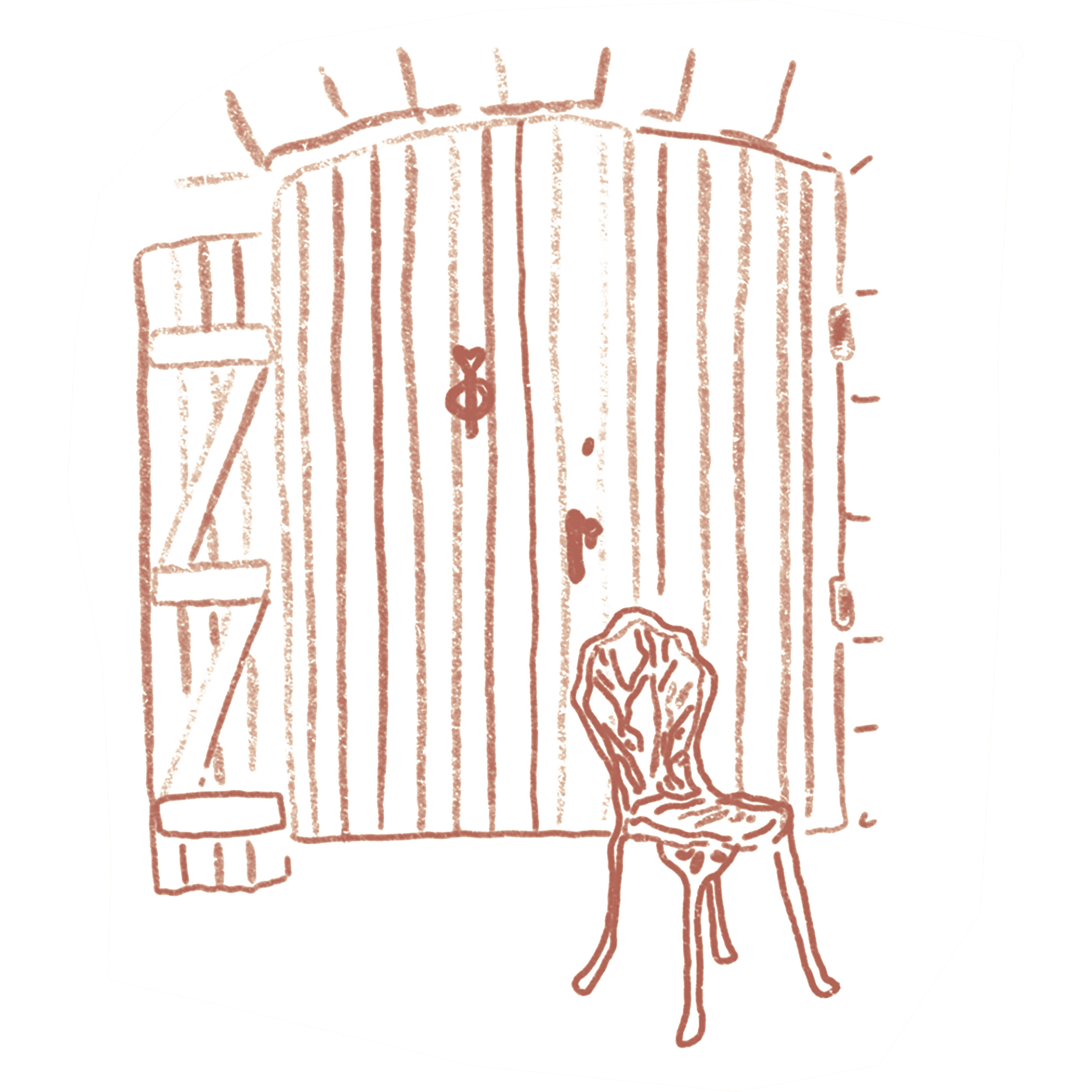 Sketch of a birdcage with a heart-shaped lock, seen from the front with bars and a door.