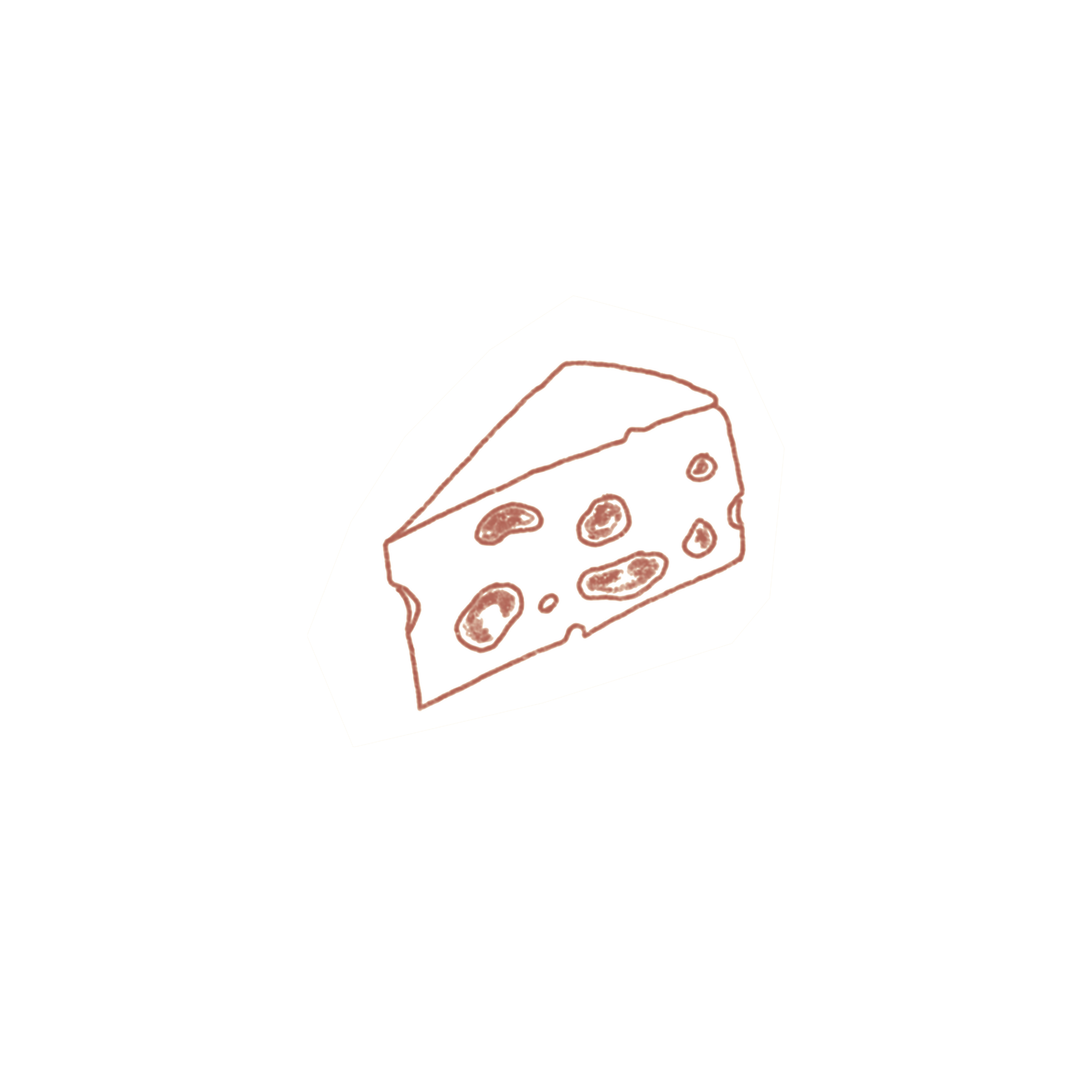 A sketched illustration of a slice of pizza with pepperoni on top placed on a white surface.