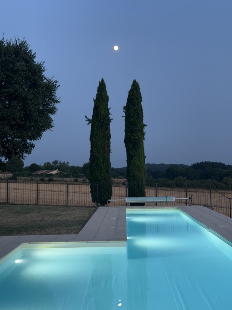An outdoor swimming pool illuminated at dusk, with a view of trees and the moon in the sky.