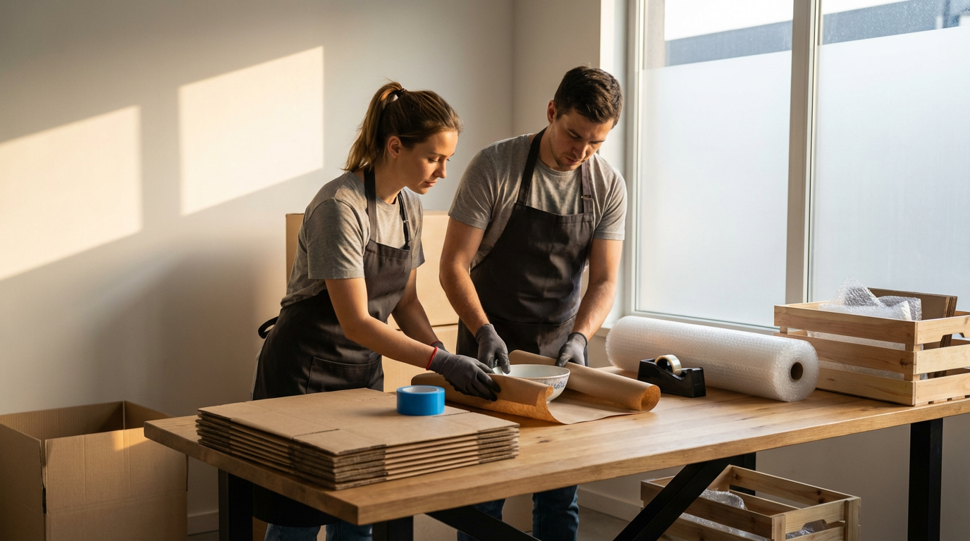 Two people in gray t-shirts and black aprons working together at a wooden table, wrapping a ceramic bowl with brown paper and tape in a bright room with large windows.