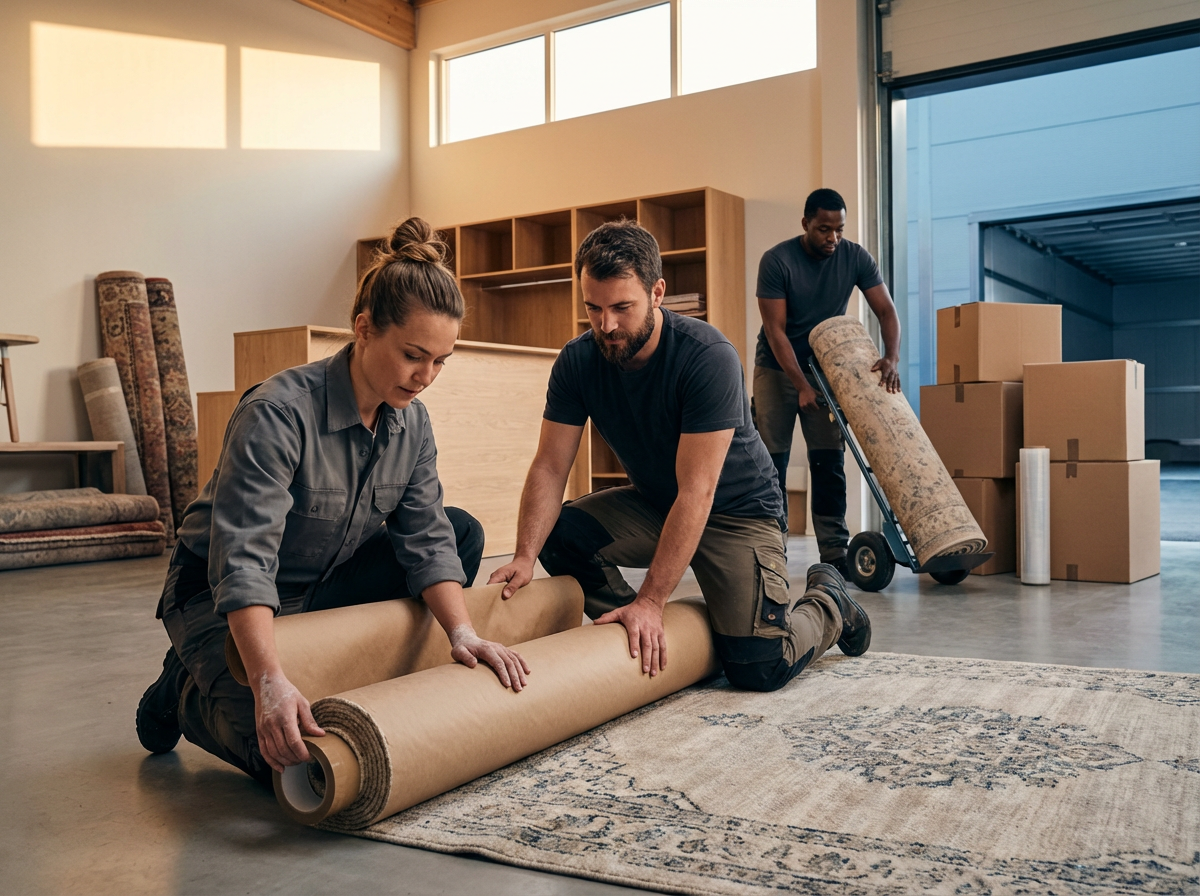 Three people moving a rolled-up rug in a well-lit warehouse or storage space with cardboard boxes and other rugs in the background.