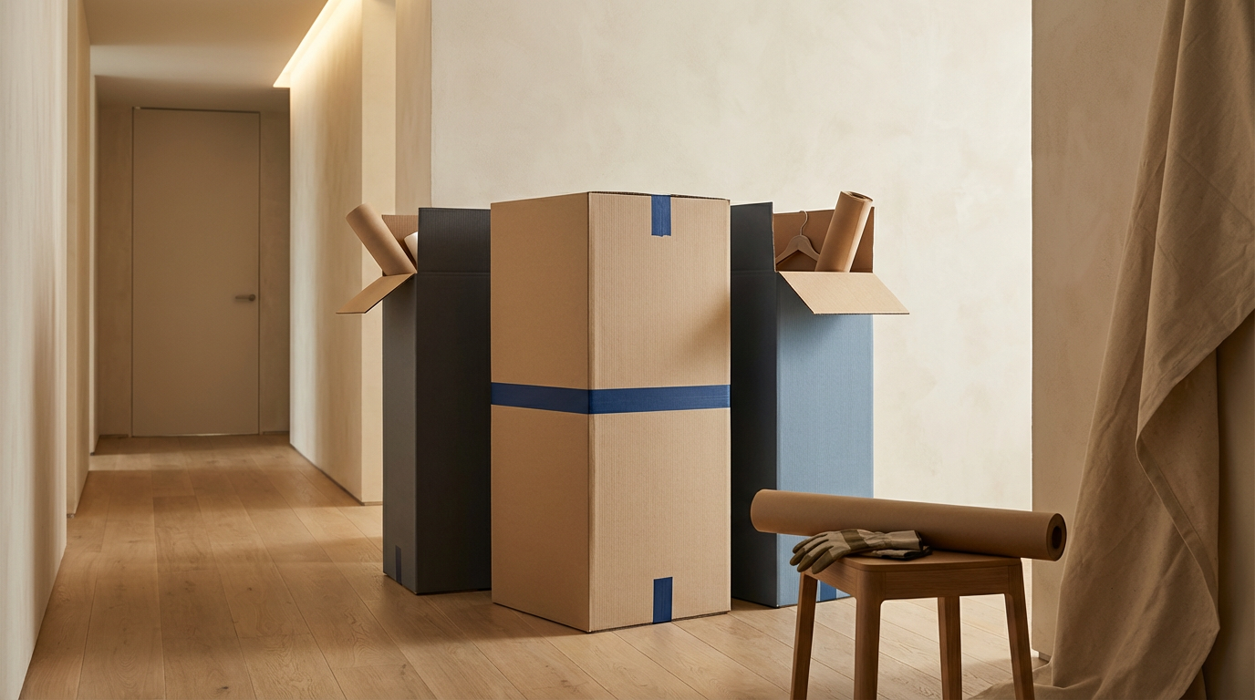 A hallway with cardboard boxes of various sizes, some open with packing materials, a small stool with rolled-up paper and gloves, and a curtain on the right side.