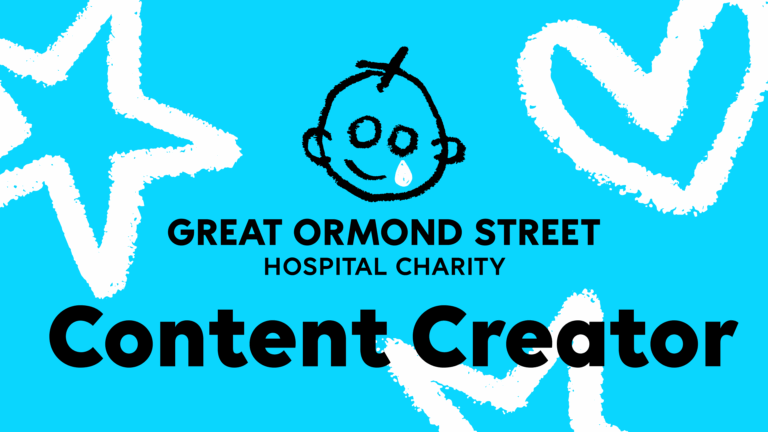 Blue background with black text and white star and heart illustrations, includes a cartoon baby face with a tear, and mentions Great Ormond Street Hospital Charity and Content Creator.