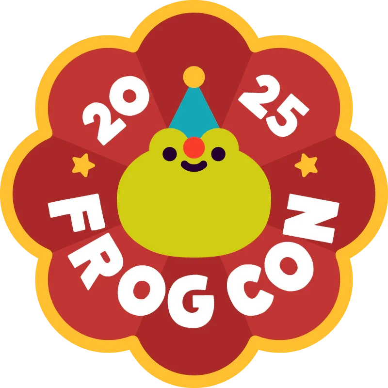 A colorful illustration of a flower-shaped badge with the text 'Frog Cat 2025' around a smiling cartoon frog with a party hat.