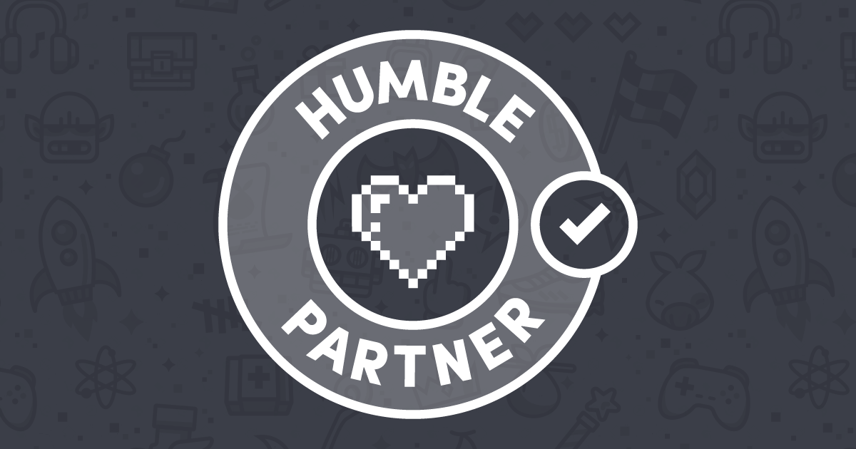 Digital graphic with a dark background featuring a circular badge that reads 'Humble Partner' with a pixelated heart in the center and a checkmark outside the circle.
