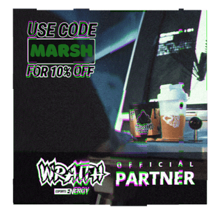 Promotional graphic with text about a discount code for Marsh, official partner of WRAQ Energy, showing a laptop and two coffee cups.