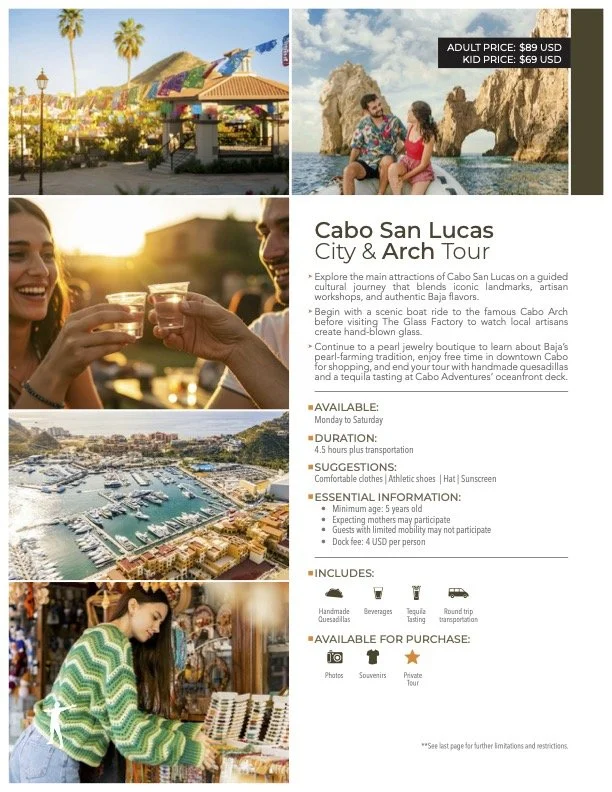 Brochure for Cabo San Lucas City & Art Tour featuring three images: a colorful outdoor market, friends enjoying drinks at sunset, and a view of a marina with boats, with tour details and pricing information.