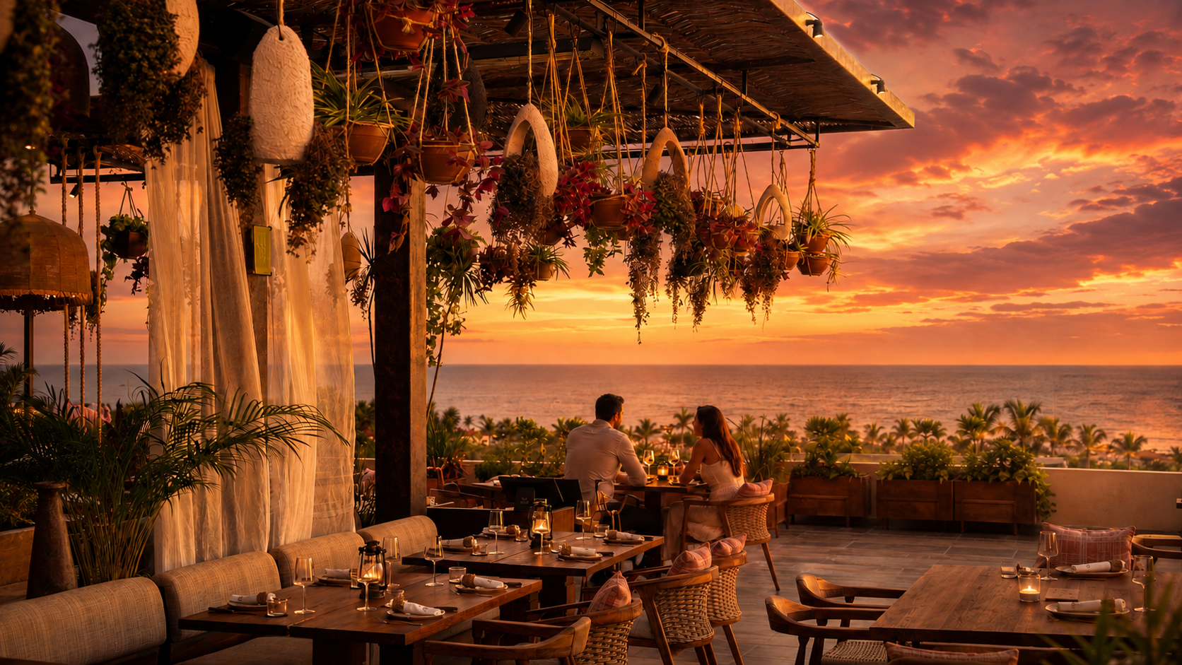 A romantic sunset view at a rooftop restaurant with a man and woman sitting at a table overlooking the ocean. The restaurant is decorated with hanging plants, candles, and sheer curtains, creating a cozy and elegant atmosphere.