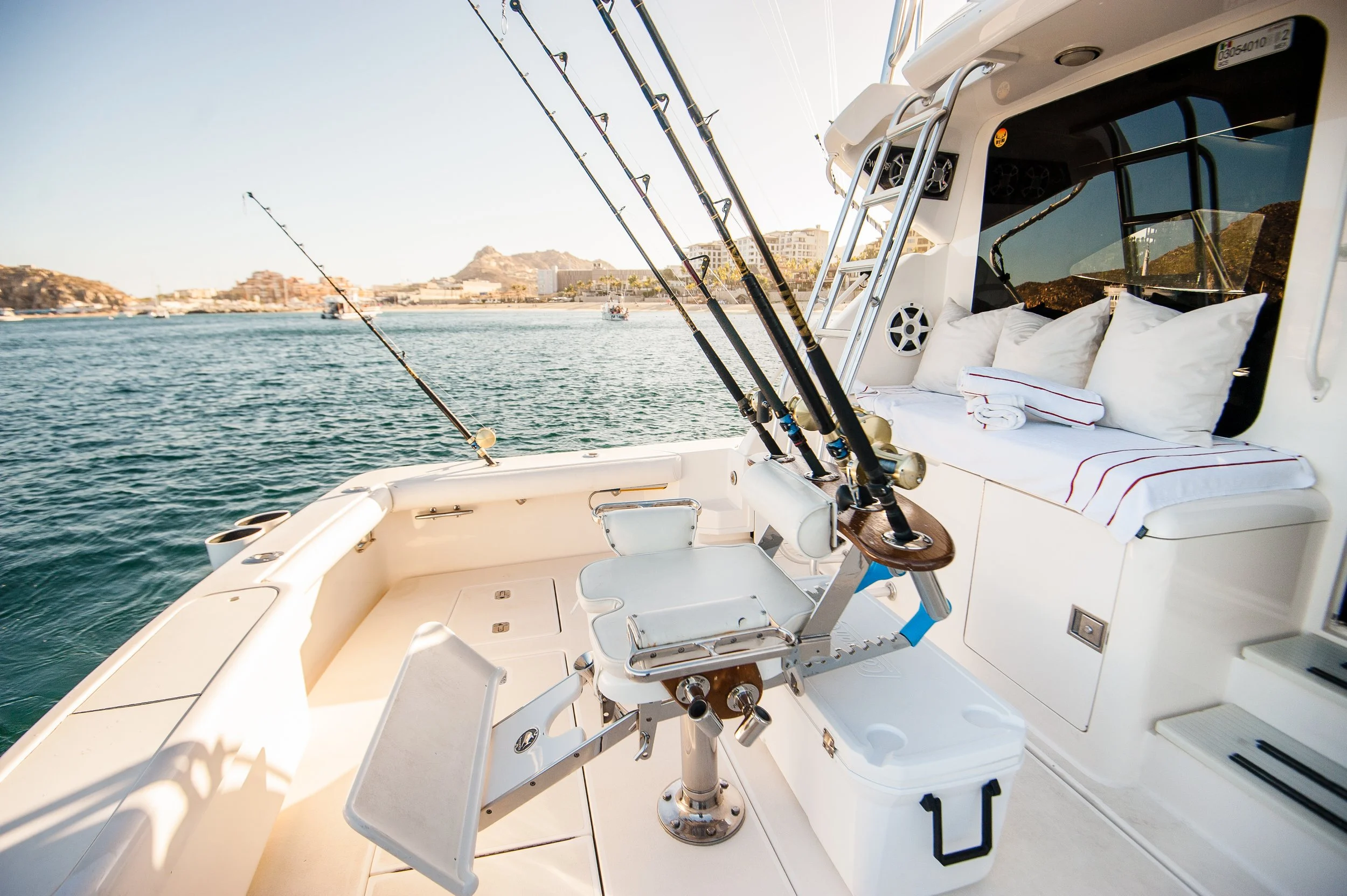 View from a boat showing fishing rods mounted on the side, with a coastline featuring buildings and hills in the background, and water with other boats.