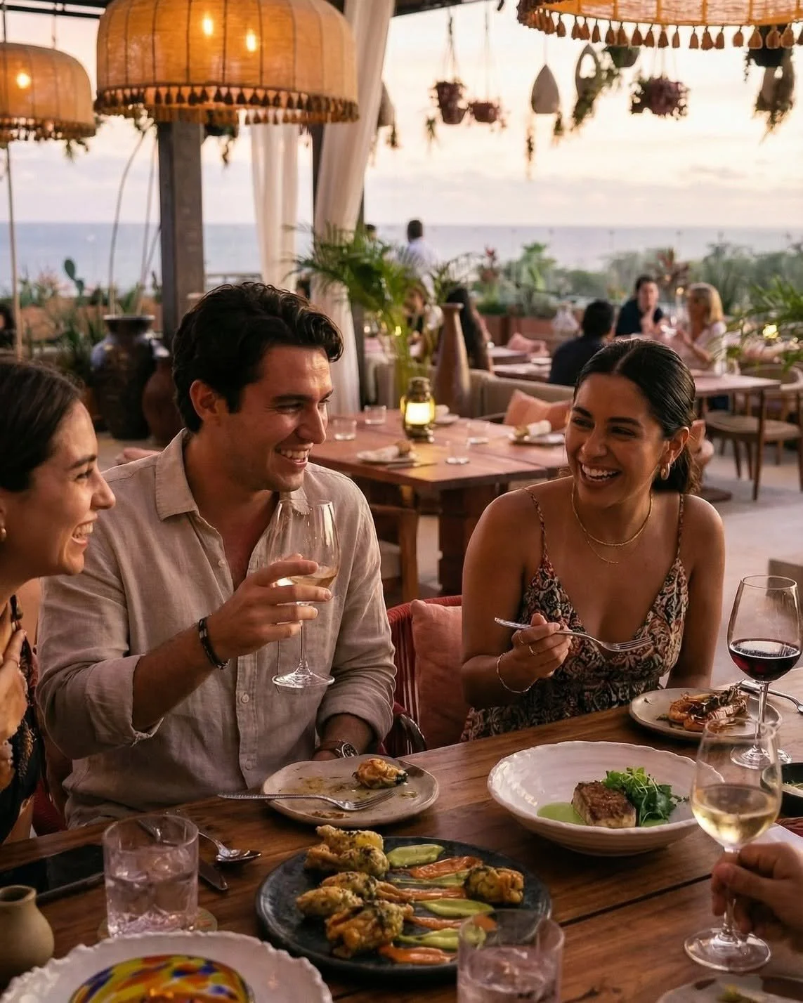 A group of friends enjoying dinner at an outdoor restaurant by the sea during sunset, with dishes and drinks on the table.