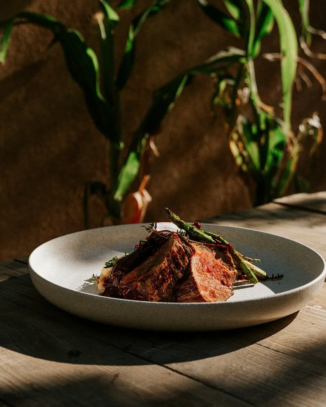 A white plate of cooked meat with roasted asparagus on a wooden table, with green plants in the background.