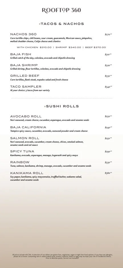 Menu from Rooftop 360 featuring tacos, nachos, and sushi rolls, with options like nachos, baja fish, baja shrimp, grilled beef, taco sampler, avocado roll, baja California, salmon roll, spicy tuna, rainbow, and kanikama roll.