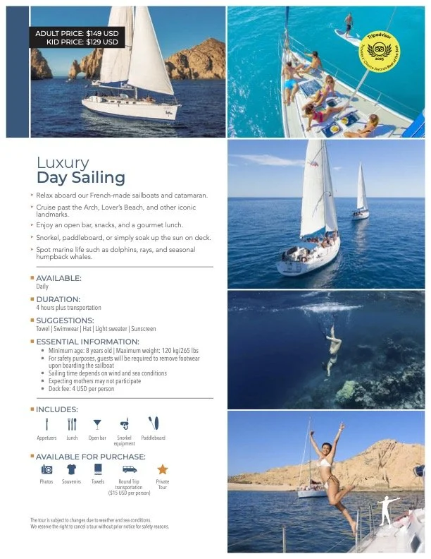 Flyer advertising luxury day sailing tours with images of sailboats, people sailing, swimming, and enjoying a day on the water, with pricing and tour details listed.